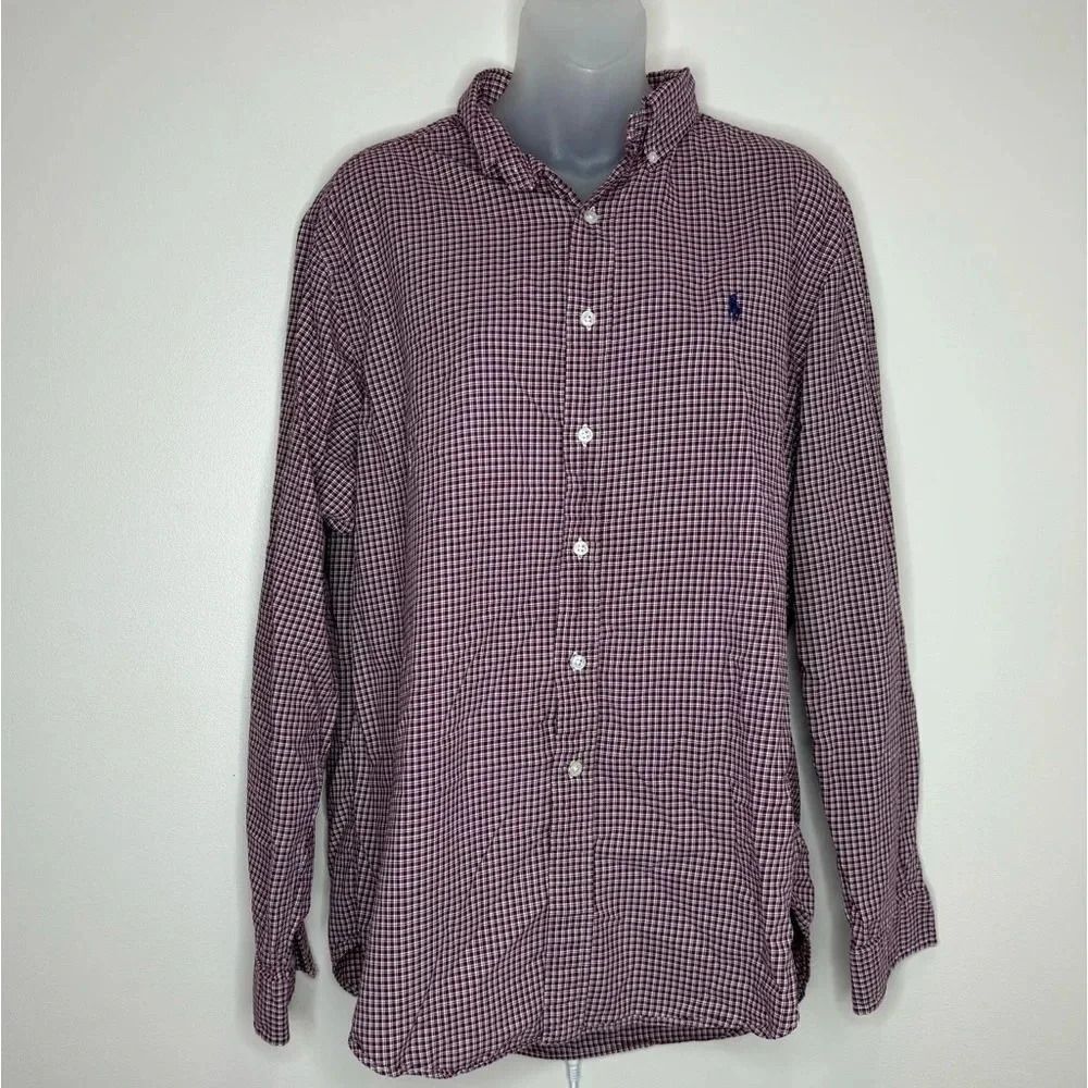 Ralph Lauren Classic fit 100% Cotton red white Plaid Button Down long sleeve